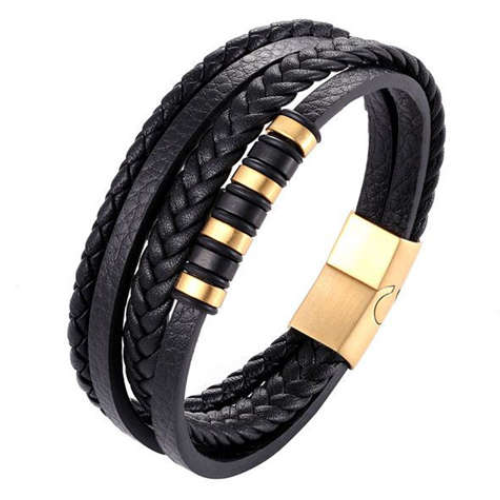 Bracelet en cuir noir tressé homme multi rangs liens et fermoir acier doré vue de profil
