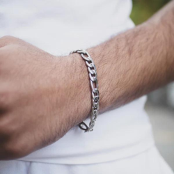 BRACELET GOURMETTE POUR HOMME ACIER FIGARO COULEUR ARGENT 10MM NEUF