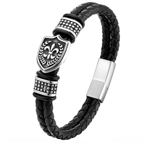 Bracelet double rows leather black man coat fleur de lys clasp steel