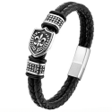 Bracelet double rows leather black man coat fleur de lys clasp steel