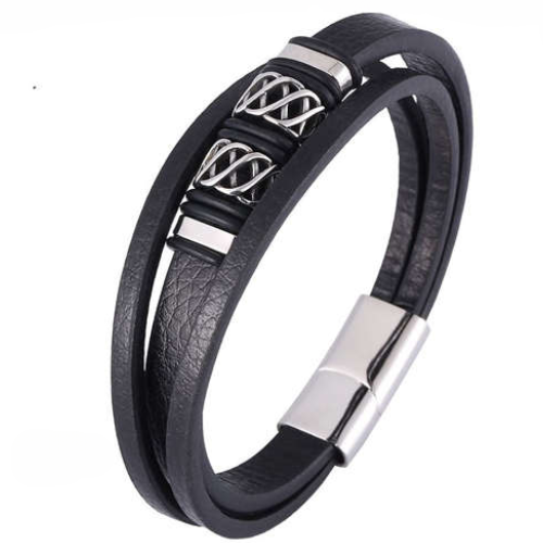 Pulsera multi-row hombre cuero negro chapado acero cierre