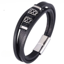Pulsera multi-row hombre cuero negro chapado acero cierre