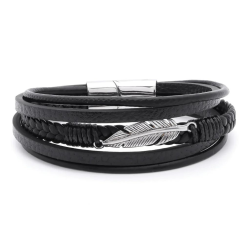 Bracelet man multi-rang leather black clasp and feather steel 21cm
