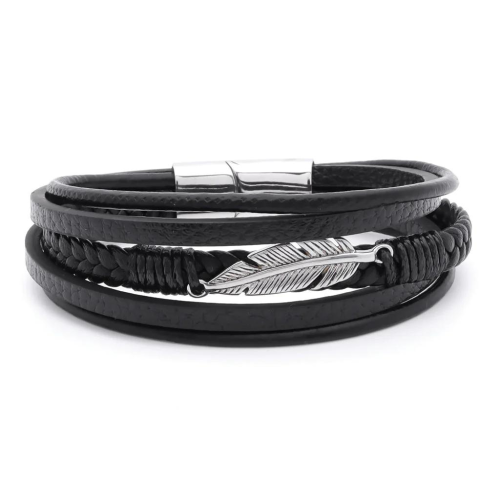 Bracelet homme multi-rangs cuir noir fermoir et plume acier 21cm