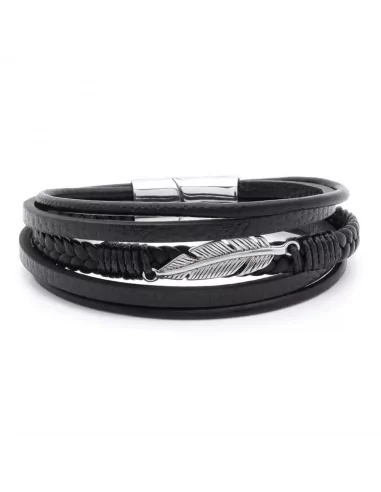 Men's multi-row black leather bracelet with steel clasp and feather 21cm