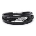 Bracelet man multi-rang leather black clasp and feather steel 21cm