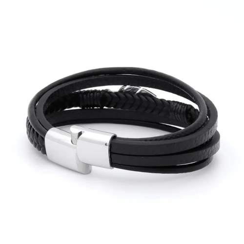 Bracelet Homme enveloppant Plume Multi-Rangs en Cuir Noir Fermoir en Acier Inoxydable 21cm
