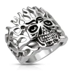 BAGUE HOMME ACIER MASSIF TETE DE MORT ENFLAMMEE GOTH BIKER GOTHIQUE
