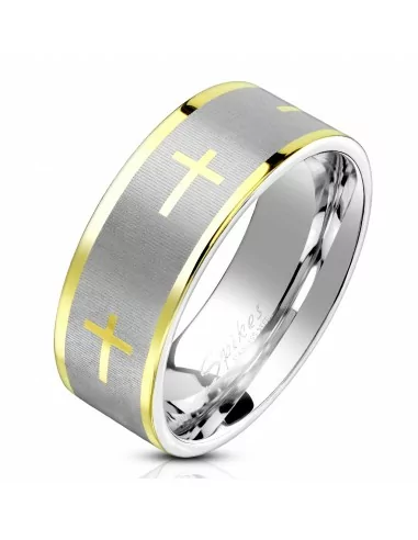 Men's steel ring with silver band and cross with golden edges in fine gold