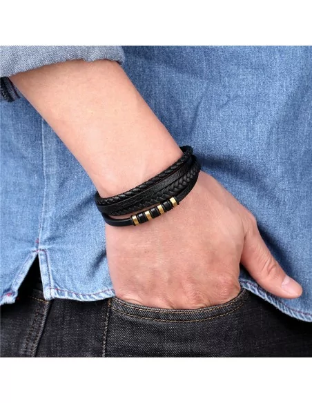 Men's braided black leather bracelet, multi row links, gold steel clasp