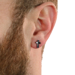 PAIRE DE BOUCLES D'OREILLES HOMME ACIER TOUTE NOIR CROIX LATINE NEUVE