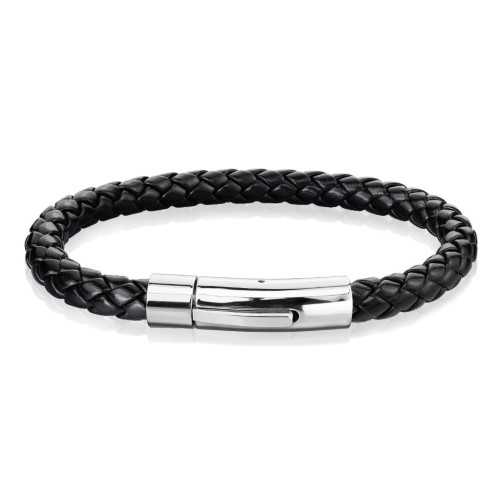 Bracciale uomo in pelle nera intrecciato chiusura moderno magnetico acciaio