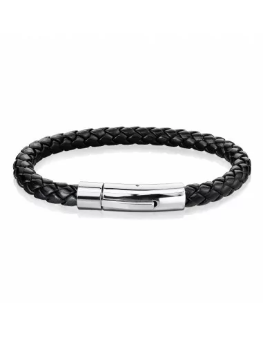Men's braided black leather bracelet with modern magnetic steel clasp