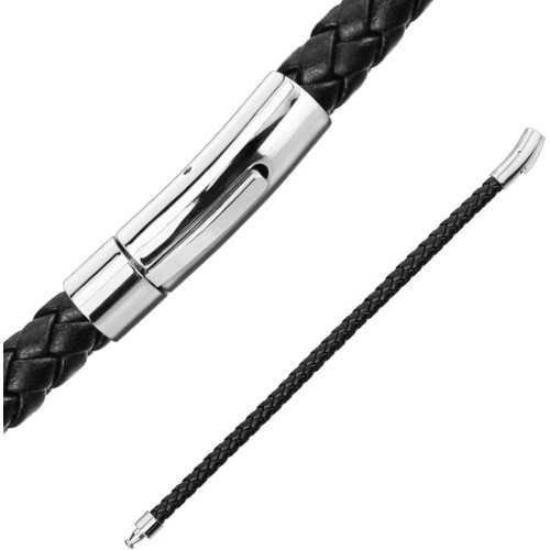 Pulsera de cuero negro brazalete vista desde cerca del cierre de acero magnético