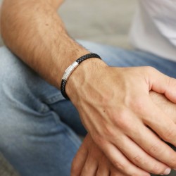 Bracciale uomo in pelle nera intrecciato chiusura moderno magnetico acciaio