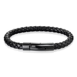 Men's bracelet braided leather and clasp black magnetic steel modern