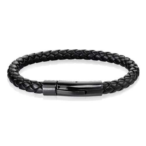 Herren Armband geflochtenes Leder und Verschluss schwarz magnetische Stahl modern