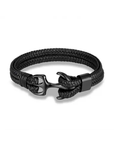 Herrenarmband mit doppeltem Lederband und Marineankerverschluss aus schwarzem Stahl, 22 cm