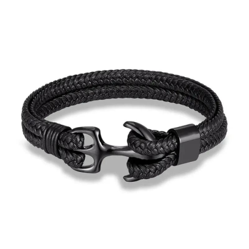 Pulsera de hombre con doble cordón de cuero y cierre de ancla marina de acero negro 22cm