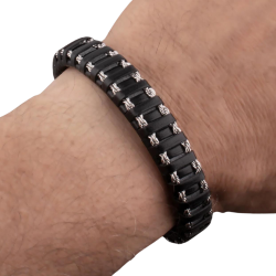 Bracelet homme cuir cables métalliques fermoir acier magnétique biker