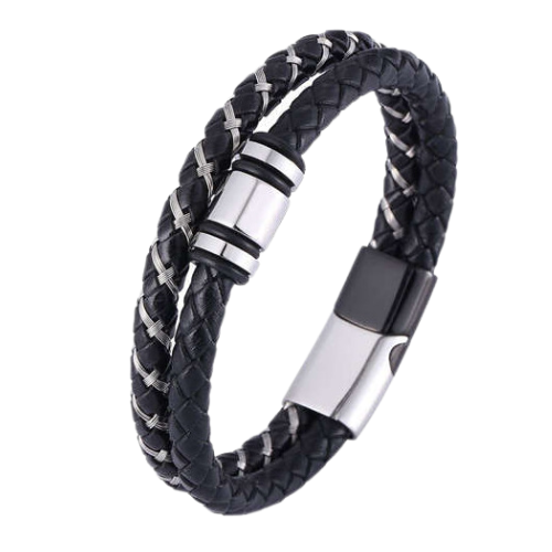 Bracelet double rangs homme cuir noir filin torsadé fermoir acier