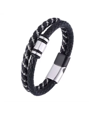 Men's double row black leather bracelet twisted cord steel clasp