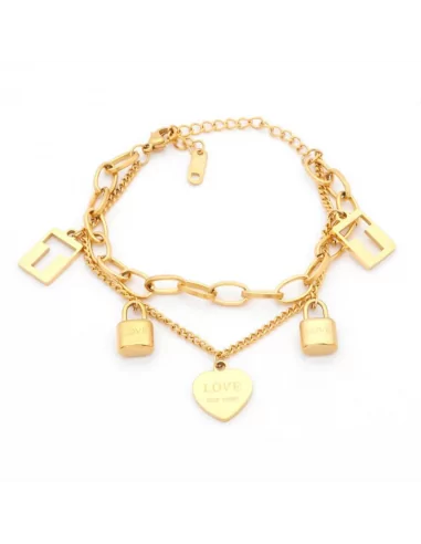 Bracciale da donna in acciaio dorato con catena doppio cuore in oro fino 5 charms