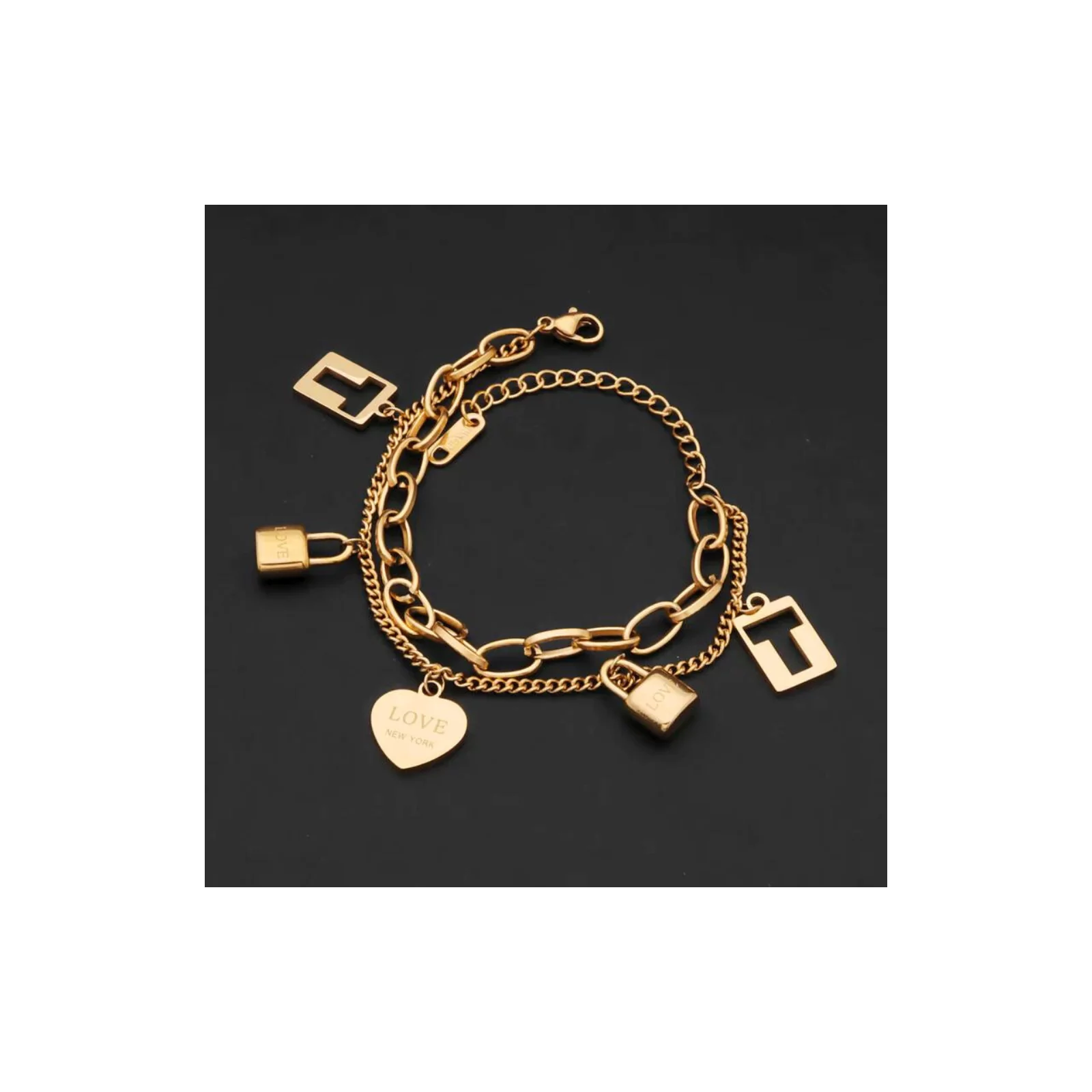Bracelet femme acier doré à l'or fin double chaine coeur 5 breloques