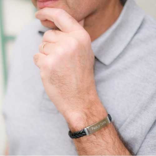 Men's leather bracelet with steel clasp, personalized plaque, dad, I love you