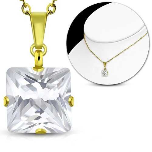 Collar y colgante de mujer con piedra cuadrada blanca y acero dorado con oro fino