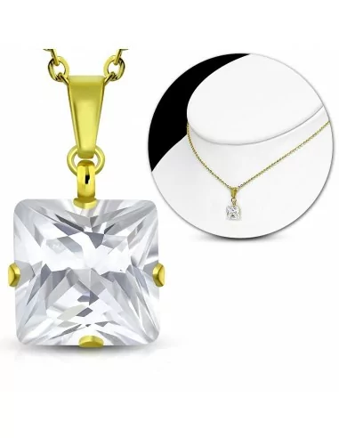 Women's necklace and pendant with white square stone and steel gilded with fine gold