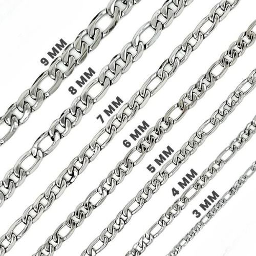 Collar de cadena Hombre Hembra de acero de acero inoxidable Malla Figaro Color Plata Todos los anchos