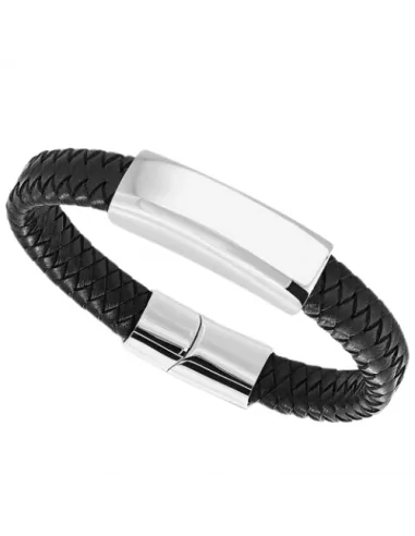 Men's leather bracelet with customizable engravable steel plate clasp
