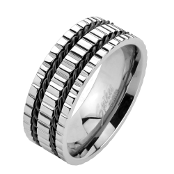 Men's notched ring in titanium and 2 twisted black cords