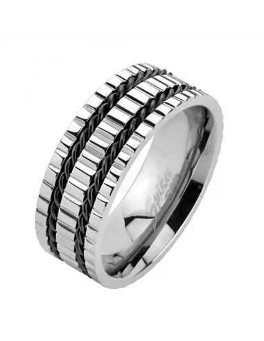 Men's notched ring in titanium and 2 twisted black cords