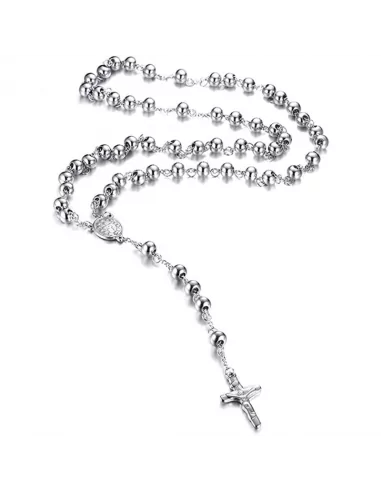 Rosario cristiano para hombres adolescentes cruz de acero y medallón de comunión de la Santísima Virgen María