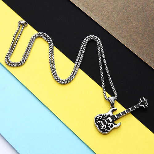 Men's pendant steel electric guitar rock flame biker and 1 caterpillar chain