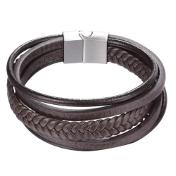 Men's bracelet leather multi-row brown leather and steel clasp 22cm