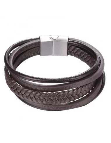 Men's multi-row brown leather bracelet with steel clasp 22cm