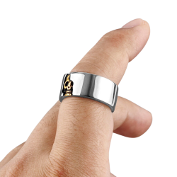 Bague large homme acier tête de mort demi crâne doré or effacée biker