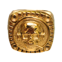 Primo piano del vassoio dell'anello che mostra la precisione della testa di morte 3D e la brillantezza dell'oro sotto la luce