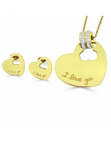 Set aus Kettenanhängern und Herz-Teddybär-Ohrringen für Damen „Ich liebe dich“ aus goldfarbenem Stahl