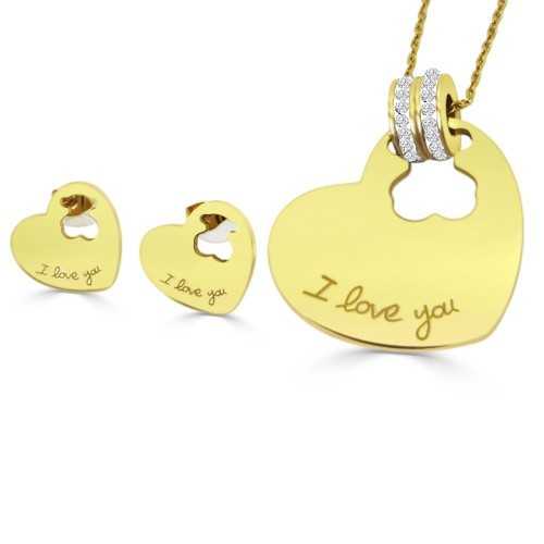 Conjunto colgante cadena y pendientes mujer corazón osito i love you en acero dorado