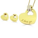Set aus Kettenanhängern und Herz-Teddybär-Ohrringen für Damen „Ich liebe dich“ aus goldfarbenem Stahl
