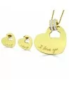 Chain pendant set and women's heart teddy bear earrings i love you in gold-colored steel