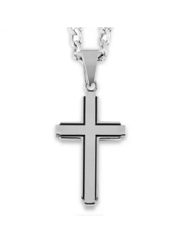 Men's pendant cross black line edges and chain included in stainless steel