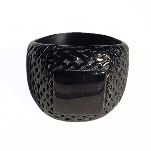 Men's braided black steel signet ring with black cabochon face