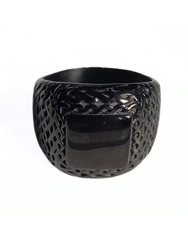 Men's braided black steel signet ring with black cabochon face