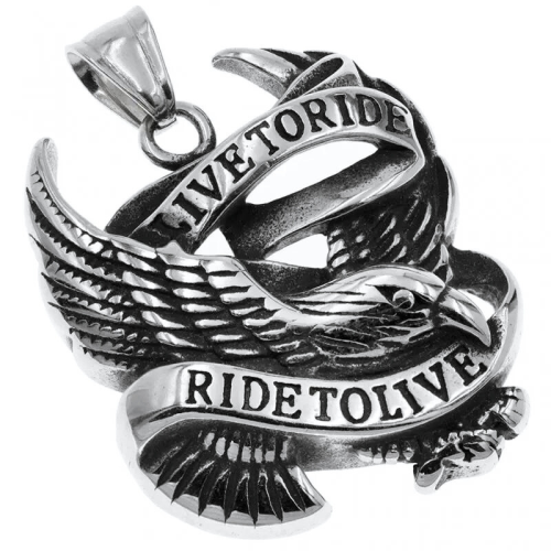 Men's PENDANT Steel Eagle Circle Banner Live To Ride Biker