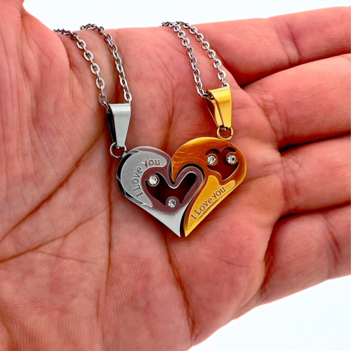 Colgantes pareja hombre mujer corazón rompible acero dorado oro fino y 2 cadenas desgastadas